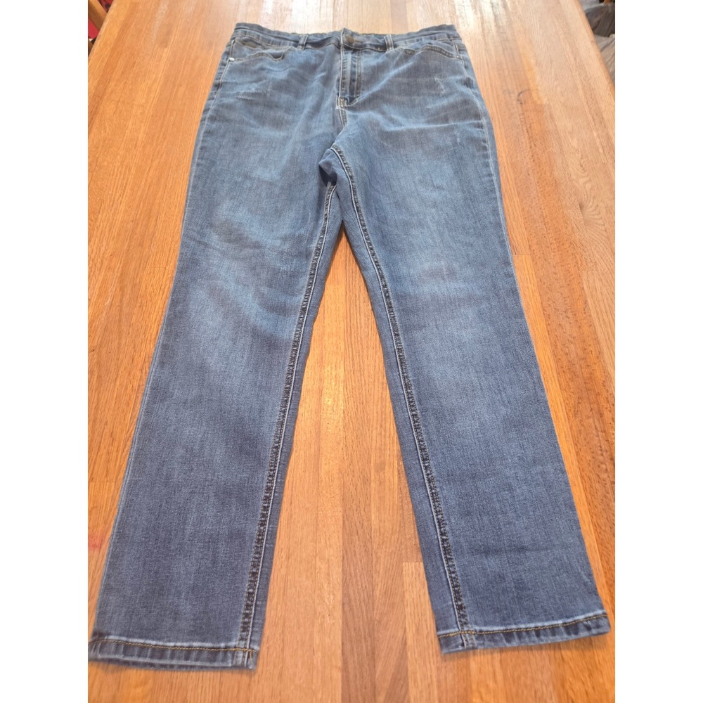 Karen Kane Women 12 Blue High Rise Straight Leg Medium Wash Pocket Stretch Jean